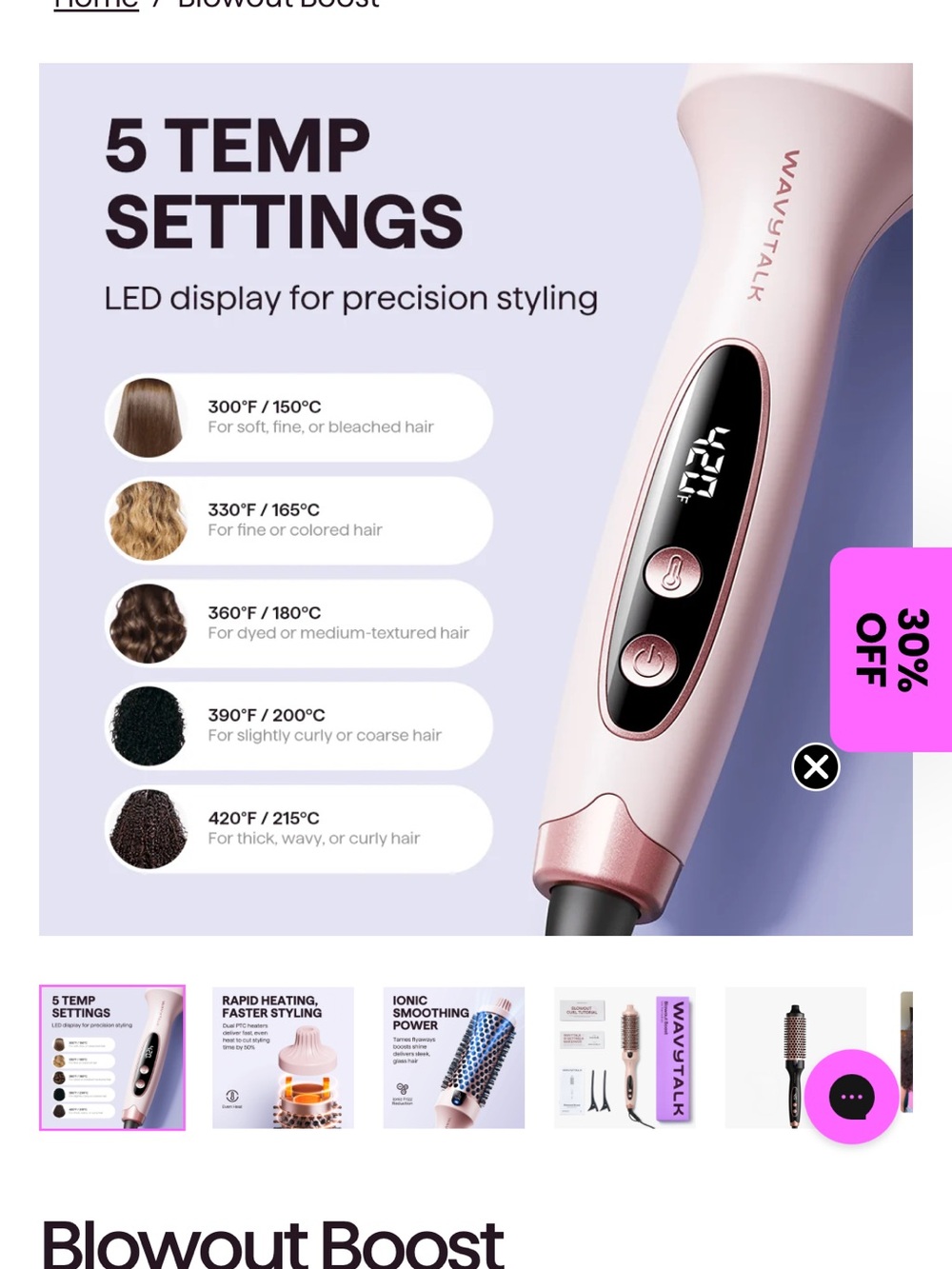 Wavytalk Pink lonic Curling Brush 1.25in Ceramic Digital Display 410°F. - Picture 7 of 8